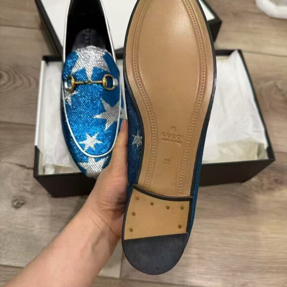 NIB Authentic Gucci Blue Silver Starry Sky Print Lurex Jordaan Loafer - Picture 4 of 4